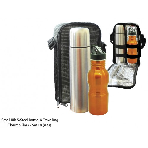 SMALL RIB S/STEEL BOTTLE & TRAVELING THERMO FLASK SET 10